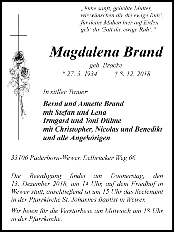 Traueranzeige von Magdalena Brand von Westfalen-Blatt