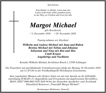 Traueranzeige von Margot Michael von Westfalen-Blatt