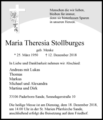 Traueranzeige von Maria Theresia Stollburges von Westfalen-Blatt