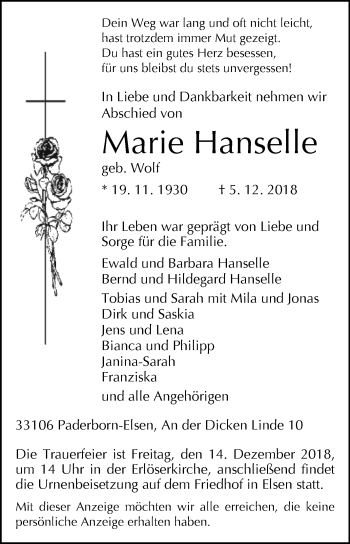 Traueranzeige von Marie Hanselle von Westfalen-Blatt