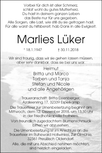 Traueranzeige von Marlies Lüker von Westfalen-Blatt