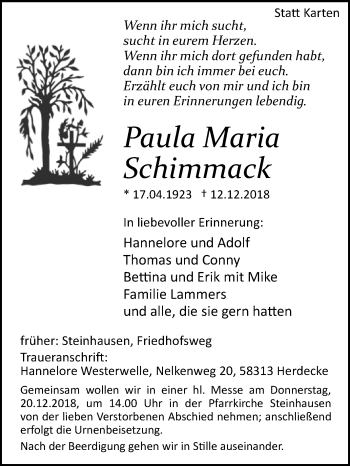 Traueranzeige von Paula Maria Schimmack von Westfalen-Blatt