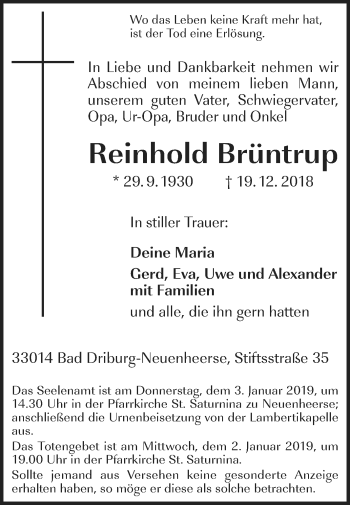 Traueranzeige von Reinhold Brüntrup von Westfalen-Blatt