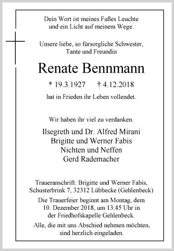 Traueranzeige von Renate Bennmann von Westfalen-Blatt