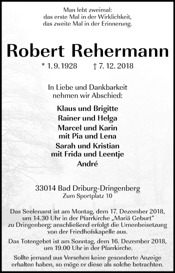 Traueranzeige von Robert Rehermann von Westfalen-Blatt