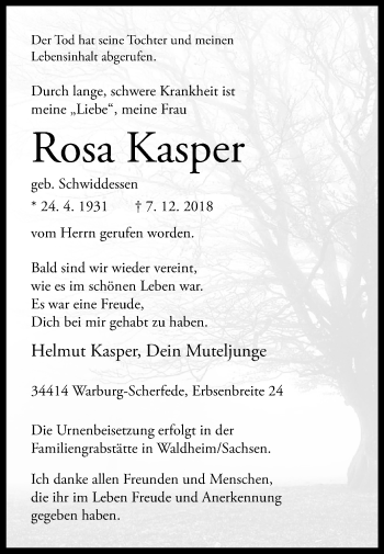 Traueranzeige von Rosa Kasper von Westfalen-Blatt