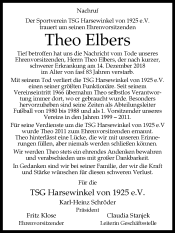 Traueranzeige von Theo Elbers von Westfalen-Blatt