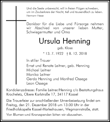 Traueranzeige von Ursula Henning von Westfalen-Blatt