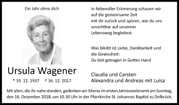 Traueranzeige von Ursula Wagener von Westfalen-Blatt