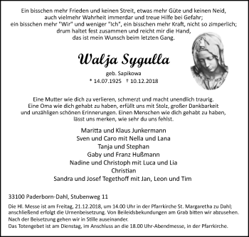 Traueranzeige von Walja Sygulla von Westfalen-Blatt