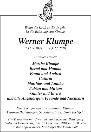 Traueranzeige von Werner Klumpe von Westfalen-Blatt