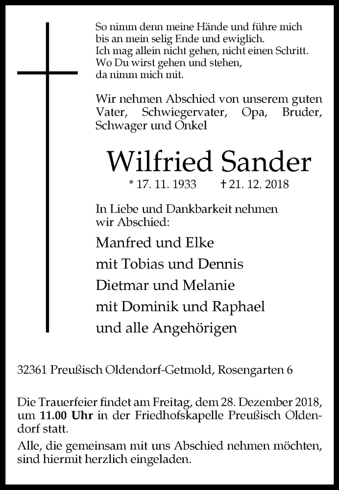  Traueranzeige für Wilfried Sander vom 22.12.2018 aus Westfalen-Blatt