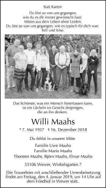 Traueranzeige von Willi Maahs von Westfalen-Blatt