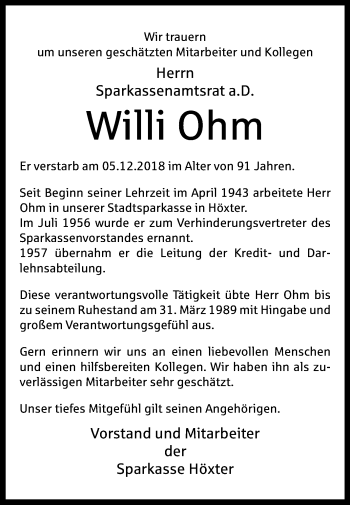 Traueranzeige von Willi Ohm von Westfalen-Blatt