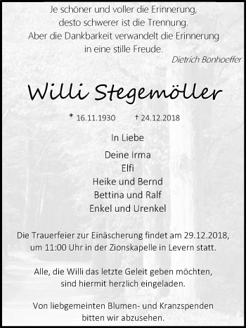 Traueranzeige von Willi Stegemöller von Westfalen-Blatt