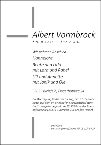 Traueranzeige von Albert Vormbrock von Westfalen-Blatt