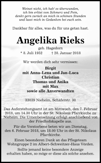 Traueranzeige von Angelika Rieks von Westfalen-Blatt