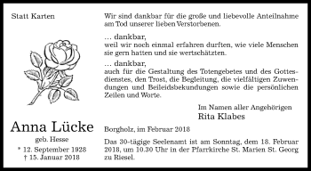 Traueranzeige von Anna Lücke von Westfalen-Blatt