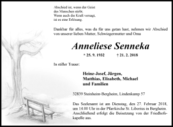 Traueranzeige von Anneliese Senneka von Westfalen-Blatt