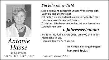 Traueranzeige von Antonie Haase von Westfalen-Blatt