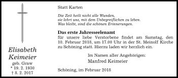 Traueranzeige von Elisabeth Keimeier von Westfalen-Blatt