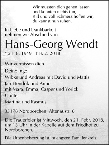 Traueranzeige von Hans-Georg Wendt von Westfalen-Blatt