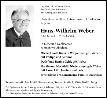 Traueranzeige von Hans-Wilhelm Weber von Westfalen-Blatt