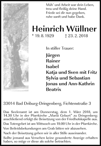 Traueranzeige von Heinrich Wüllner von Westfalen-Blatt