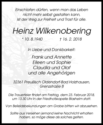 Traueranzeige von Heinz Wilkenobering von Westfalen-Blatt