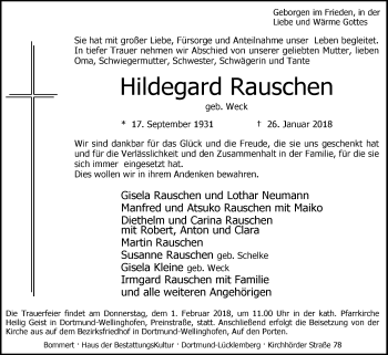 Traueranzeige von Hildegard Rauschen von Westfalen-Blatt