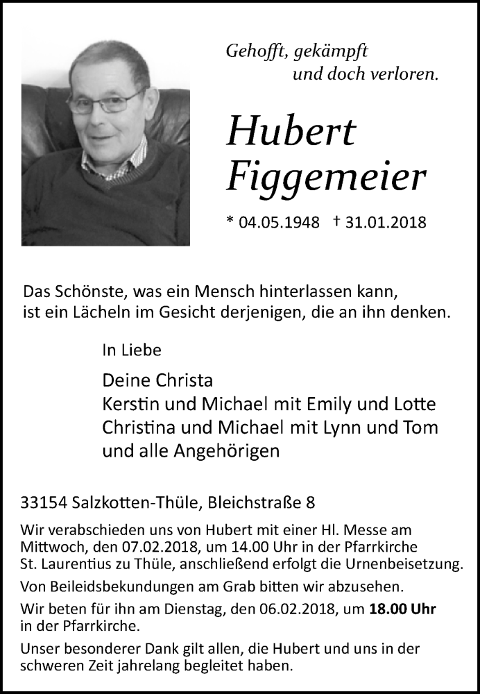  Traueranzeige für Hubert Figgemeier vom 03.02.2018 aus Westfalen-Blatt