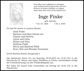 Traueranzeige von Inge Finke von Westfalen-Blatt