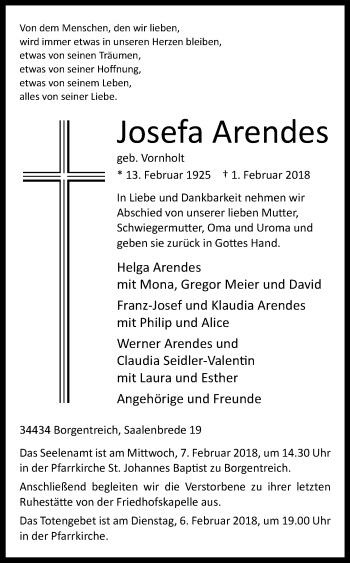 Traueranzeige von Josefa Arendes von Westfalen-Blatt