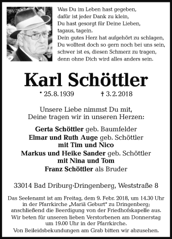 Traueranzeige von Karl Schöttler von Westfalen-Blatt