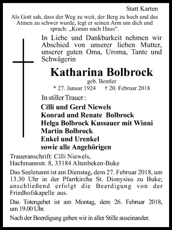 Traueranzeige von Katharina Bolbrock von Westfalen-Blatt