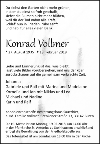 Traueranzeige von Konrad Vollmer von Westfalen-Blatt