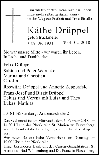 Traueranzeige von Käthe Drüppel von Westfalen-Blatt