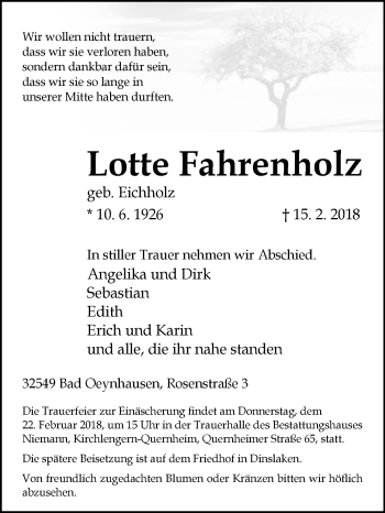 Traueranzeige von Lotte Fahrenholz von Westfalen-Blatt