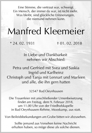 Traueranzeige von Manfred Kleemeier von Westfalen-Blatt