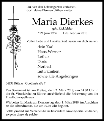 Traueranzeige von Maria Dierkes von Westfalen-Blatt