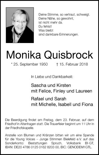 Traueranzeige von Monika Quisbrock von Westfalen-Blatt