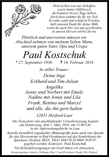 Traueranzeige von Paul Kostschuk von Westfalen-Blatt