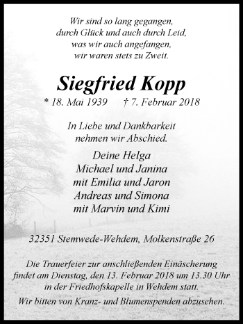 Traueranzeige von Siegfried Kopp von Westfalen-Blatt