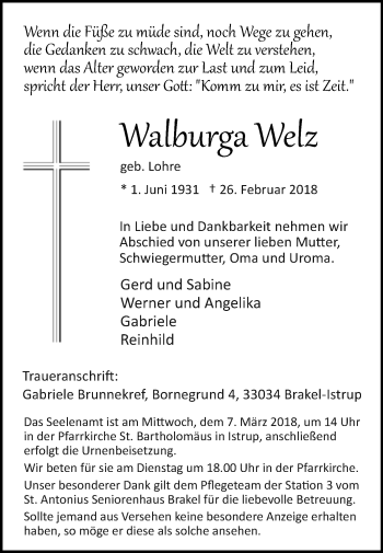 Traueranzeige von Walburga Welz von Westfalen-Blatt