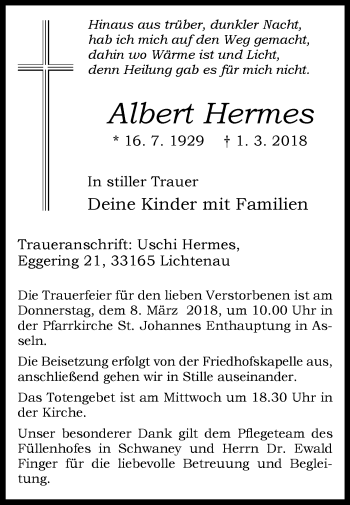 Traueranzeige von Albert Hermes von Westfalen-Blatt