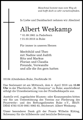 Traueranzeige von Albert Weskamp von Westfalen-Blatt