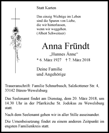 Traueranzeige von Anna Fründt von Westfalen-Blatt