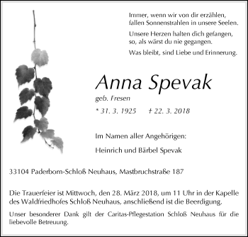 Traueranzeige von Anna Spevak von Westfalen-Blatt