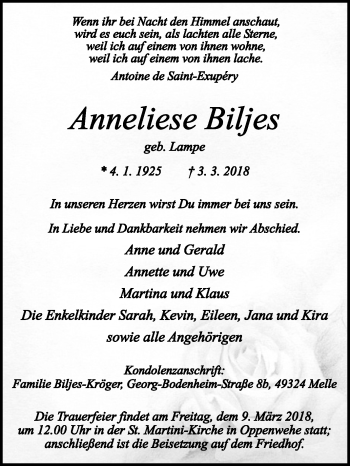 Traueranzeige von Anneliese Biljes von Westfalen-Blatt