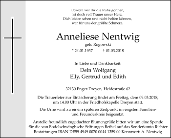 Traueranzeige von Anneliese Nentwig von Westfalen-Blatt